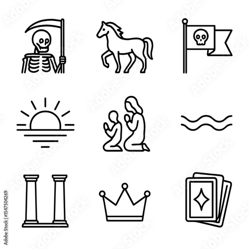 Death Tarot Icons. Outline icon set of death tarot cards: skeleton scythe, black horse, rising sun, flags, kneeling figures, water