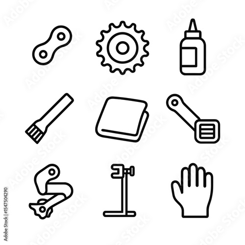 Bicycle Chain Maintenance Icons. Outline icon set of bicycle chain lubrication: chain link, sprocket, chain lube bottle, brush,