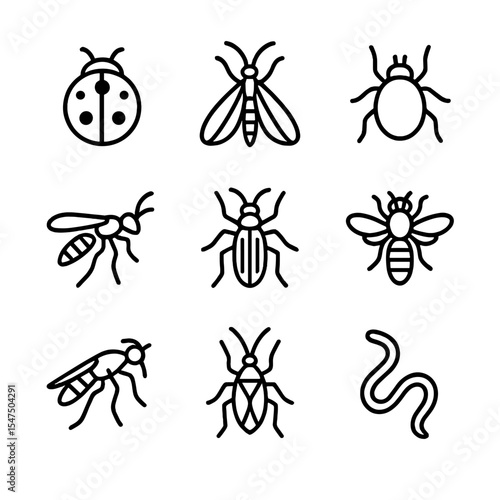 Beneficial Insects Icons. Outline icon set of beneficial insects: ladybug, lacewing, predatory mite, parasitic wasp, ground beetle
