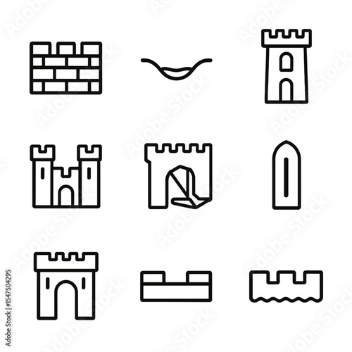 Defensive Fortification Icons. Outline icon set of defensive fortification designs: stone wall, moat trench, watchtower, gatehouse