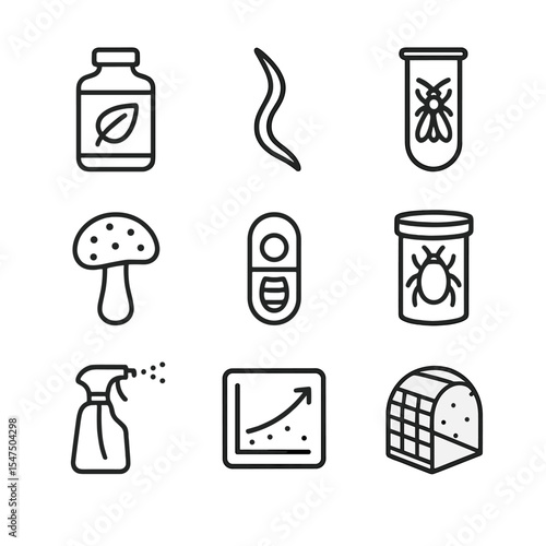 Biocontrol Agents Icons. Outline icon set of biological control agents: Bacillus thuringiensis bottle, entomopathogenic nematode,