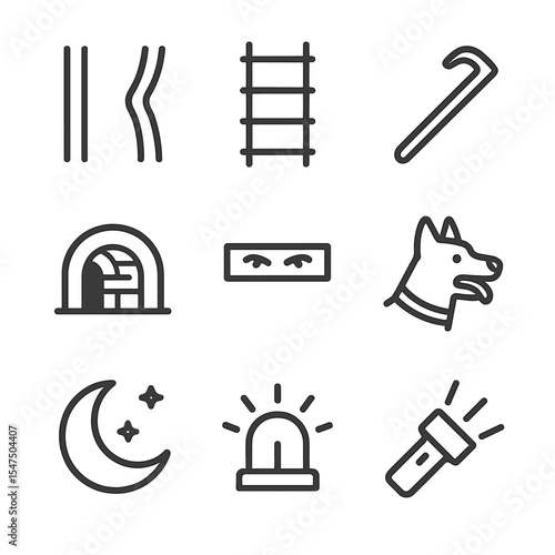 Escape Icons Collection. Outline icon set of escape attempts: loosened bar, rope ladder, crowbar, tunnel entrance, lookout hole,