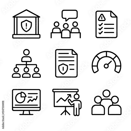 Enterprise Risk Icons. Outline icon set of enterprise risk management: risk governance framework, board meeting, risk register,
