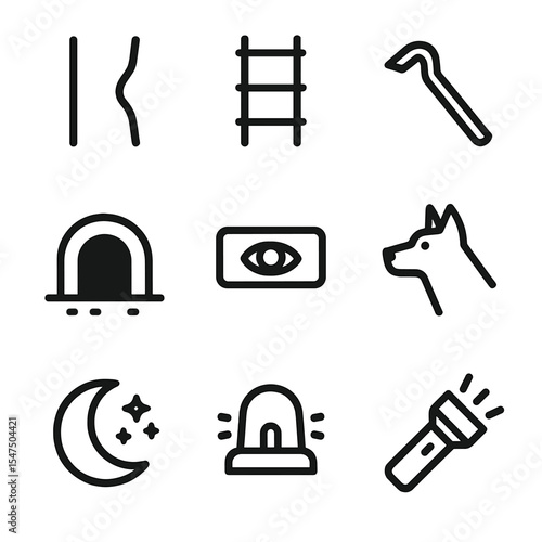Escape Icons Collection. Outline icon set of escape attempts: loosened bar, rope ladder, crowbar, tunnel entrance, lookout hole,