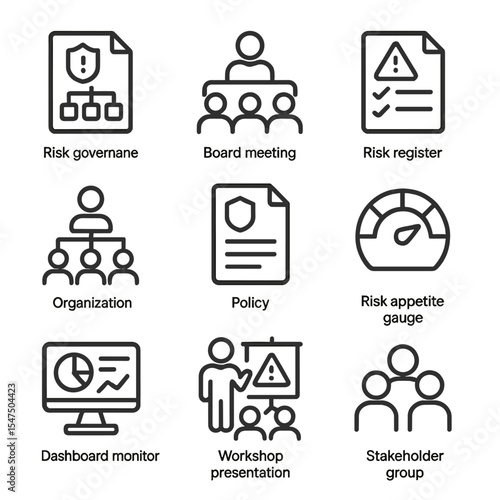 Enterprise Risk Icons. Outline icon set of enterprise risk management: risk governance framework, board meeting, risk register,