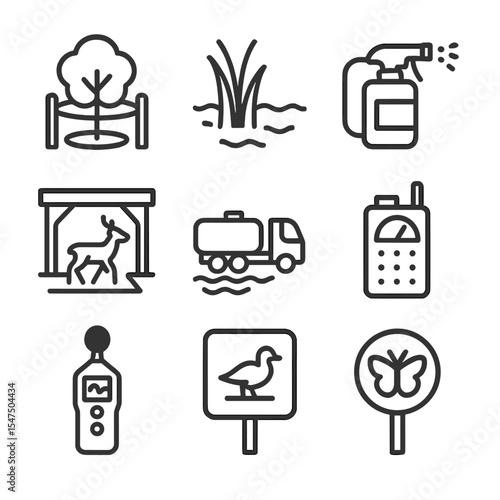 Environmental Protection Icons. Outline icon set of environmental protection tasks: tree protection zone, wetland buffer, dust