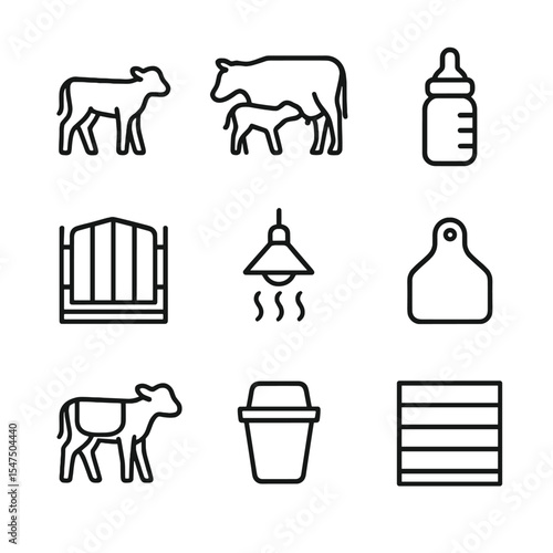 Calf Rearing Icons. Outline icon set of calf rearing: calf silhouette, nursing cow, bottle feeder, calf pen, heat lamp, ear tag,