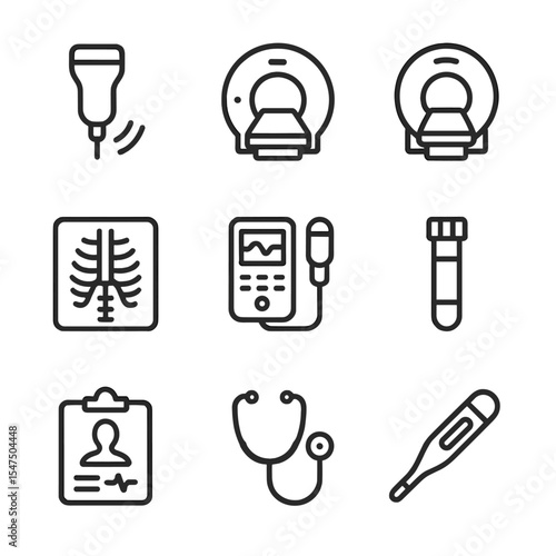 Diagnostic Tools Icons. Outline icon set of bruise diagnostic tools: ultrasound probe, CT scanner, MRI machine, X-ray icon,