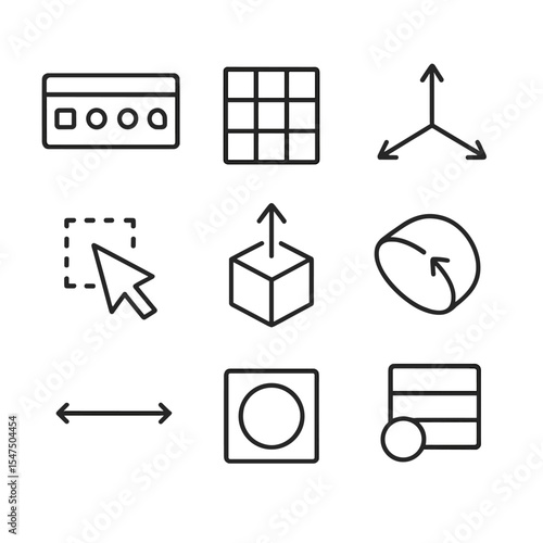 CAD Interface Icon Set. Outline icon set of CAD interface elements: toolbar, grid, axis tripod, selection tool, extrusion feature,