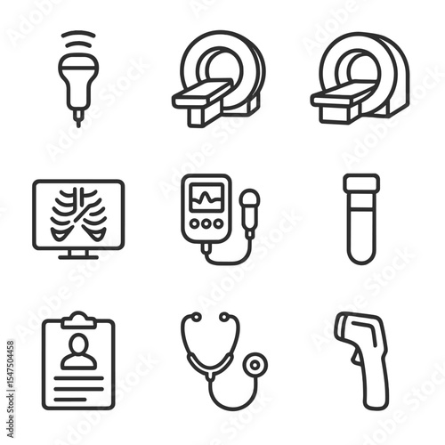 Diagnostic Tools Icons. Outline icon set of bruise diagnostic tools: ultrasound probe, CT scanner, MRI machine, X-ray icon,