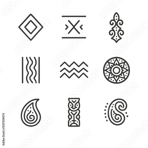 Ethnic Pattern Icons. Outline icon set of ethnic printed patterns: ikat diamond, mudcloth symbol, batik motif, kilim stripe, aztec