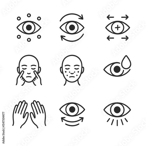 Eye Exercise Icons. Outline icon set of eye exercises and massages: finger tap points, circular massage arrows, eye movement chart