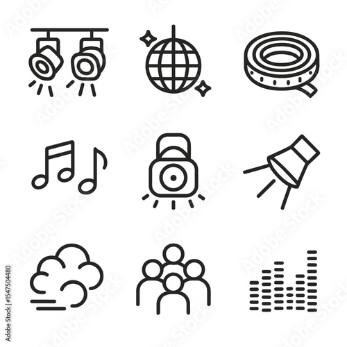 Event Lighting Icons. Outline icon set of event lighting: stage lights, disco ball, LED strips, strobe light, spotlight, music