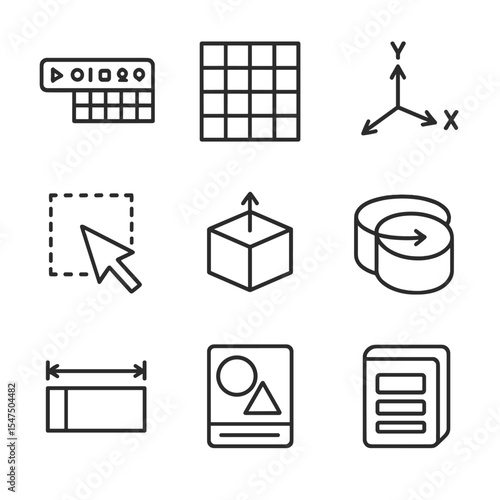 CAD Interface Icon Set. Outline icon set of CAD interface elements: toolbar, grid, axis tripod, selection tool, extrusion feature,