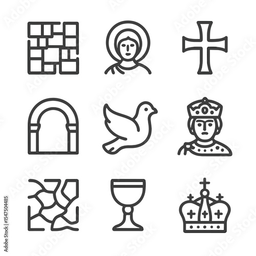 Byzantine Icon Set. Outline icon set of Byzantine mosaic icons: gold tesserae, haloed saint, cross motif, Byzantine arch, dove