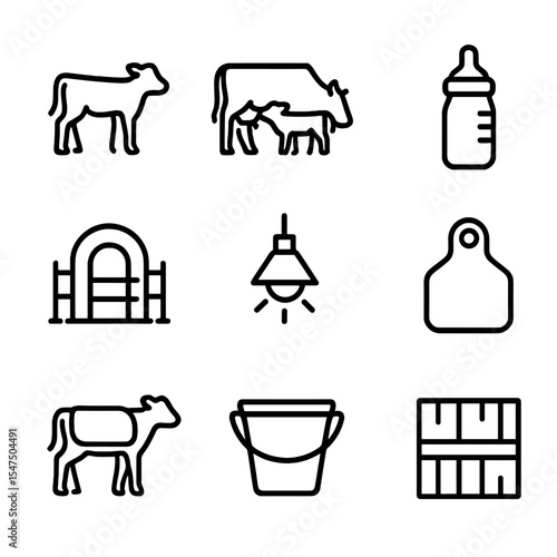 Calf Rearing Icons. Outline icon set of calf rearing: calf silhouette, nursing cow, bottle feeder, calf pen, heat lamp, ear tag,