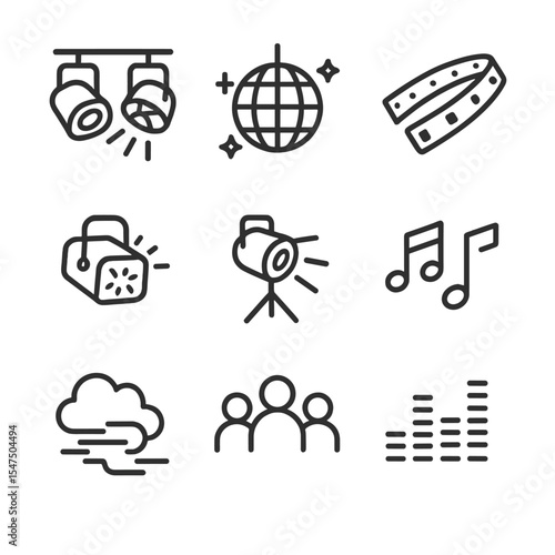Event Lighting Icons. Outline icon set of event lighting: stage lights, disco ball, LED strips, strobe light, spotlight, music