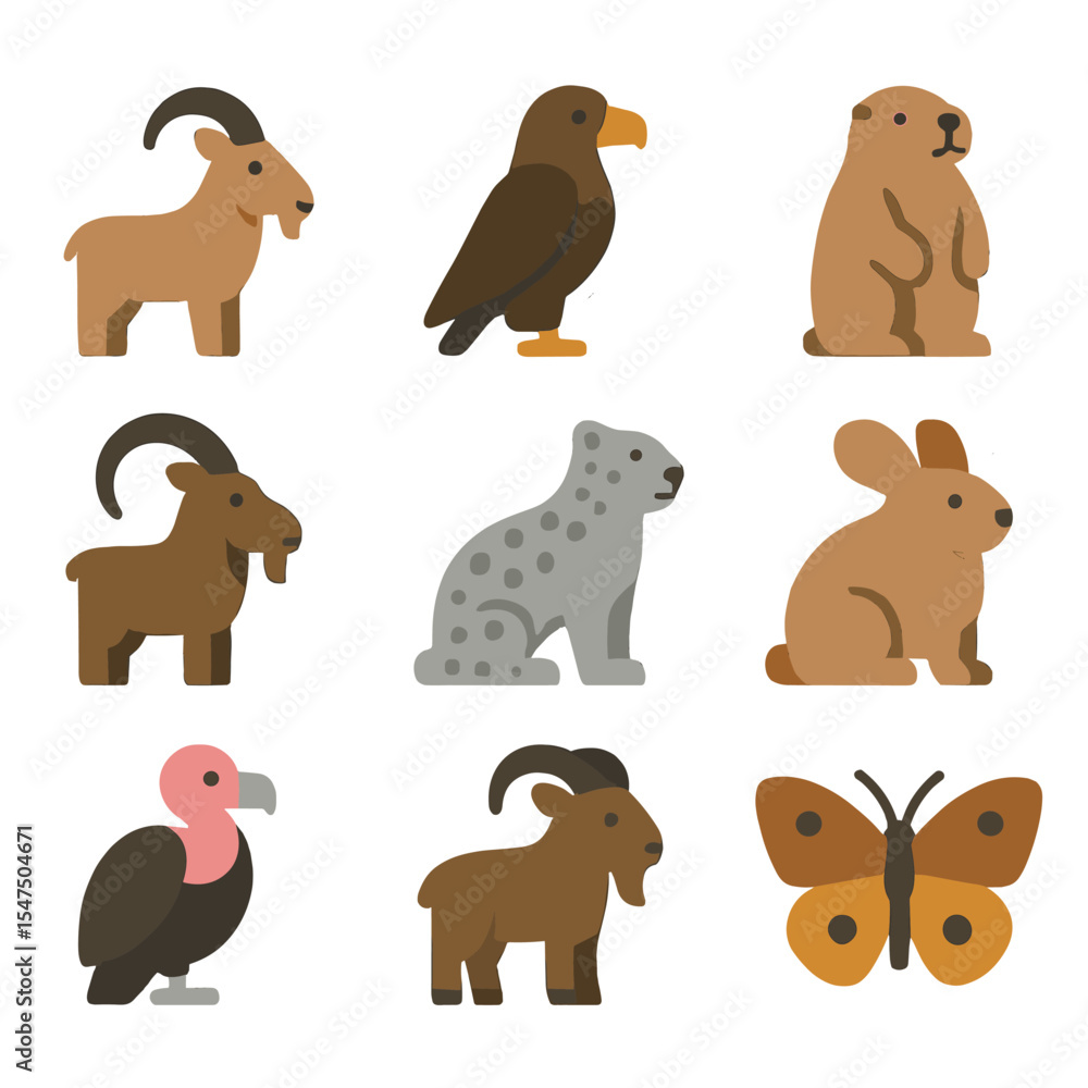 Fototapeta premium Alpine Wildlife Icons. Flat icon set of alpine wildlife spotting: mountain goat, eagle, marmot, ibex, snow leopard, pika, vulture,
