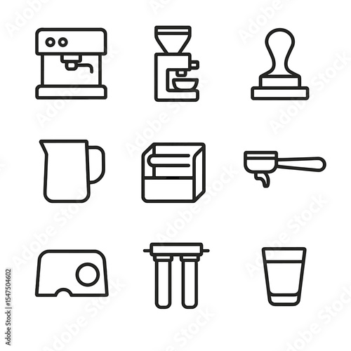 Coffee Shop Icon Set. Outline icon set of coffee shop equipment: espresso machine, grinder, tamping station, milk steamer, knock