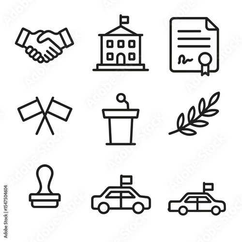 Diplomatic Relations Icons. Outline icon set of foreign diplomatic relations: handshake, embassy building, treaty document,