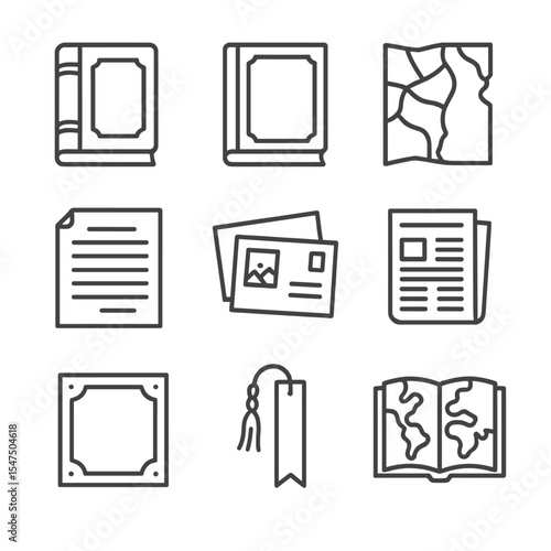 Collectible Book Icons. Outline icon set of collectible books and ephemera: leather-bound book, first edition dust jacket, map