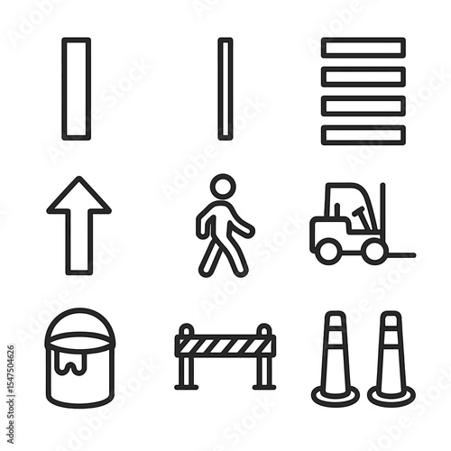 Aisle Icon Set. Outline icon set of aisle separation lines: thick center line, thin side line, crosswalk stripe, aisle number,