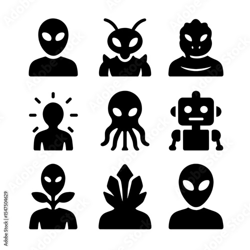 Alien Species Icons. Solid, Filled icon set of alien species classification: humanoid alien, insectoid alien, reptilian alien,