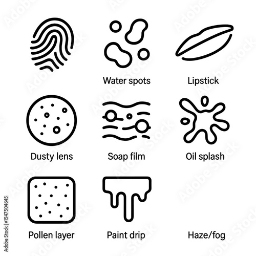 Dirty Glass Icons. Outline icon set of dirty glass surfaces: fingerprint print, water spots, lipstick smear, dusty lens, soap film