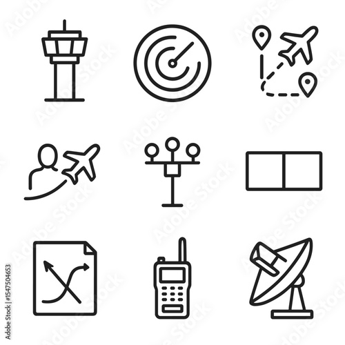 Air Traffic Control Icons. Outline icon set of air traffic control: control tower, radar screen, flight path, clearance delivery,