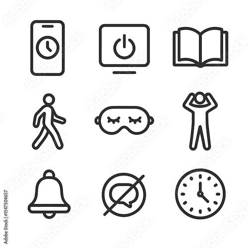 Digital Detox Icons. Outline icon set of digital detox and screen breaks: phone with timer, screen-off button, book icon, outdoor