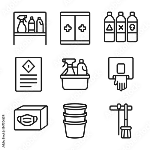 Cleaning Supplies Icons. Outline icon set of cleaning supplies storage scene: supply shelf, chemical cabinet, labeled bottles,