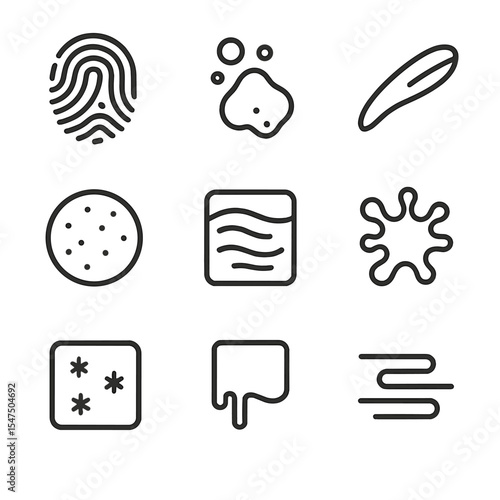 Dirty Glass Icons. Outline icon set of dirty glass surfaces: fingerprint print, water spots, lipstick smear, dusty lens, soap film