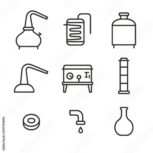 Distillation Apparatus Icons. Outline icon set of distillation apparatus: copper pot still, condenser coil, boiler, lyne arm,