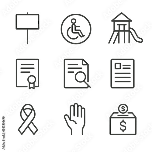 Community Advocacy Icons. Outline icon set of community advocacy elements: protest placard, accessibility badge, inclusive
