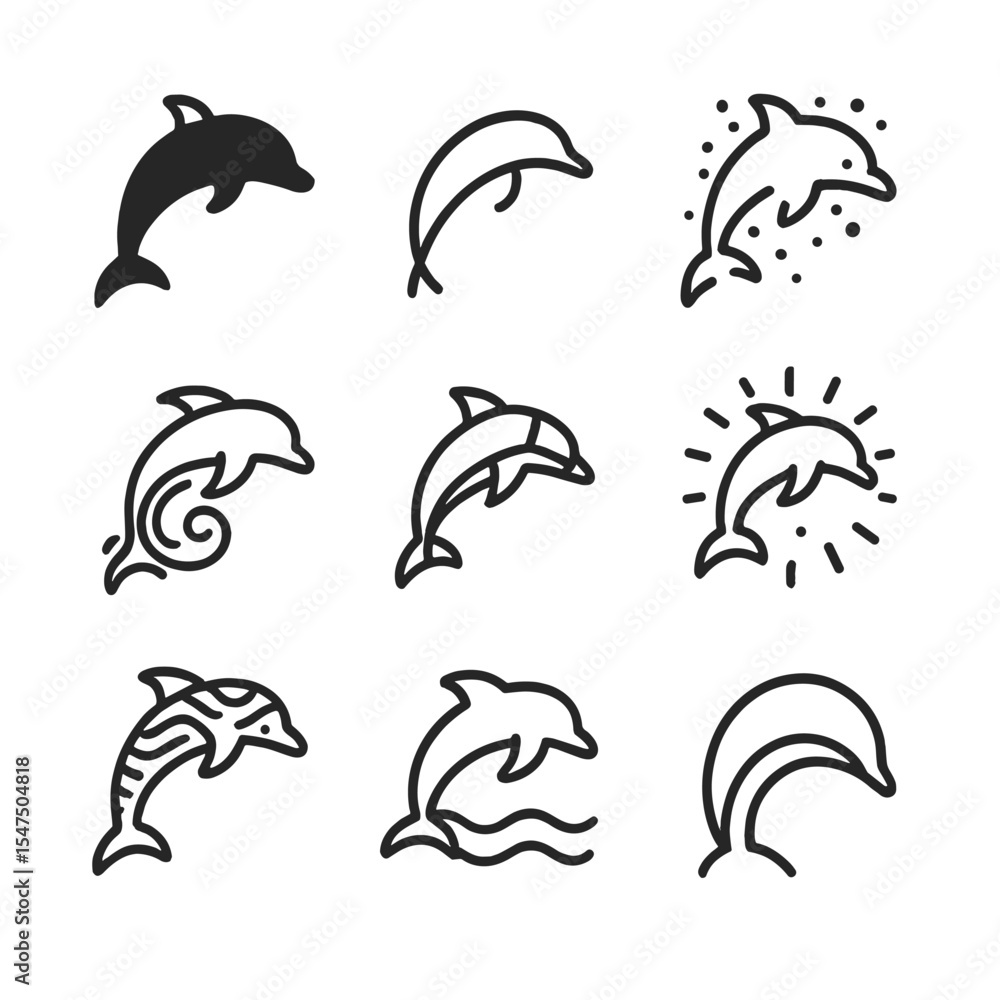 Naklejka premium Dolphin Jump Icon Set. Outline icon set of artistic dolphin jump styles: minimalist silhouette, monoline curve, splash watercolor,