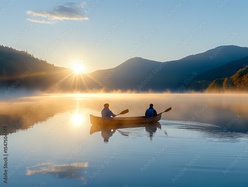 Fototapeta premium Two people paddling canoe on misty mountain lake at sunrise, silhouettes reflected in calm water with sunburst and fog creating atmospheric outdoor scene.