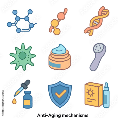 Anti-Aging Icon Set. Isometric Flat icon set of Anti-Aging Mechanisms: retinol molecule, collagen peptide chain, elastin fiber,