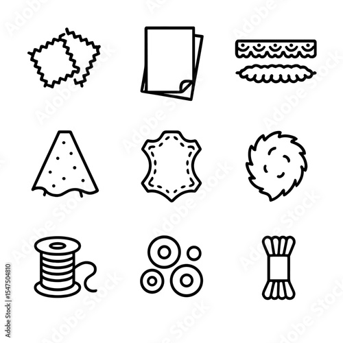 Costume Material Icons. Outline icon set of costume materials: fabric scraps, felt sheet, lace trim, tulle layer, leather patch,