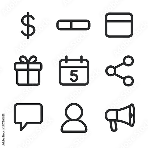Crowdfunding Icon Set. Outline icon set of crowdfunding campaign: dollar sign, progress bar, pledge tier, reward box, calendar