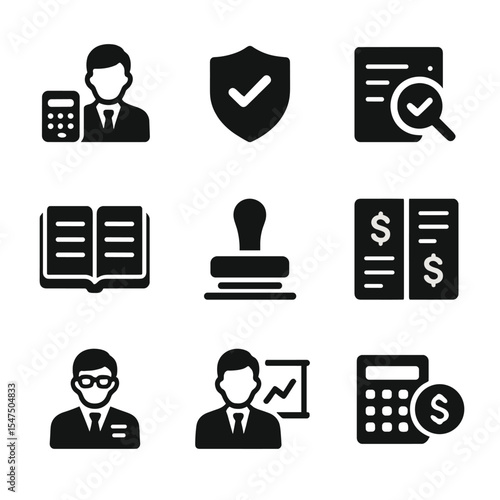 Accounting Icon Set. Solid, filled icons set of accounting professions: bookkeeper, CPA badge, audit icon,