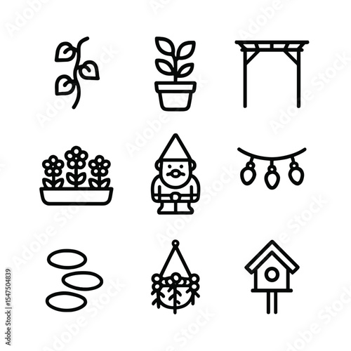 Garden Icon Set. Outline icon set of decoration and landscaping: climbing vine, potted plant, flower bed, pergola, stepping stone,