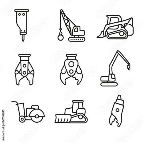 Demolition Machinery Icons. Outline icon set of demolition machinery: hydraulic breaker, wrecking ball crane, skid steer with