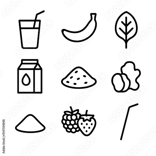 Anti-inflammatory Smoothie Icons. Outline icon set of anti-inflammatory smoothies: smoothie glass, banana, spinach leaf, almond