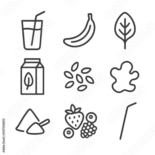Anti-inflammatory Smoothie Icons. Outline icon set of anti-inflammatory smoothies: smoothie glass, banana, spinach leaf, almond