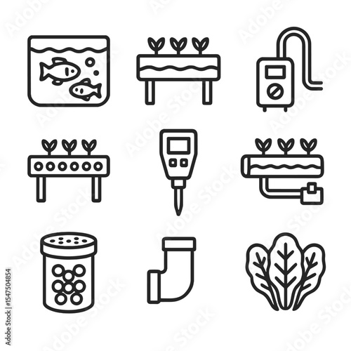 Aquaponics Icon Set. Outline icon set of aquaponics farming: fish tank, grow bed, water pump, media bed, pH meter, nutrient film,