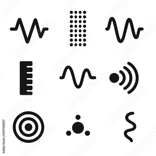 Acoustic Physics Icons. Solid, filled icons set of acoustic physics: waveform icon, compression zone,