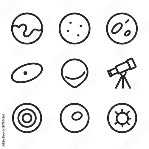 Dwarf Planets Icons. Outline icon set of dwarf planets: Pluto, Ceres, Eris, Haumea, Makemake, orbit ellipse, ice crust, telescope,