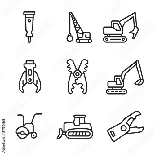 Demolition Machinery Icons. Outline icon set of demolition machinery: hydraulic breaker, wrecking ball crane, skid steer with
