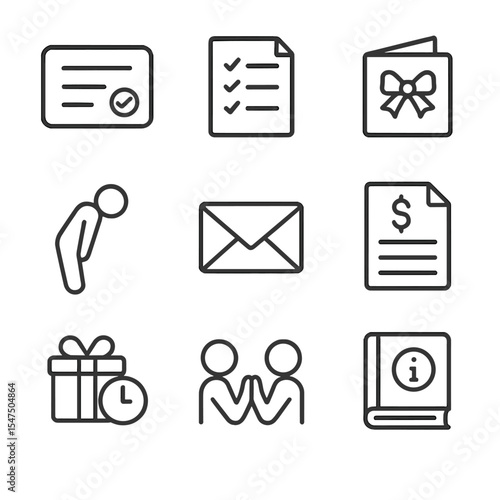 Gift Etiquette Icons. Outline icon set of gift etiquette and tips: RSVP card, gift registry list, thank-you card, polite bow, RSVP