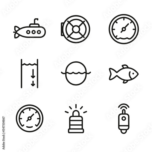 Deep-Sea Icon Set. Outline icon set of deep-sea pressure: submarine silhouette, hatch, depth gauge, water column, pressure hull,